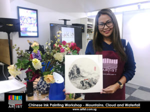 chinese ink painting workshop - mountain, cloud and waterfall